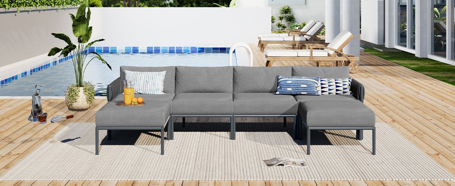 GO 6-Pieces Aluminum Patio Furniture Set, Modern Metal Outdoor Conversation Set Sectional Sofa With Removable Olefin Extra Thick Cushions 5.9" Cushion, Grey himalipasal