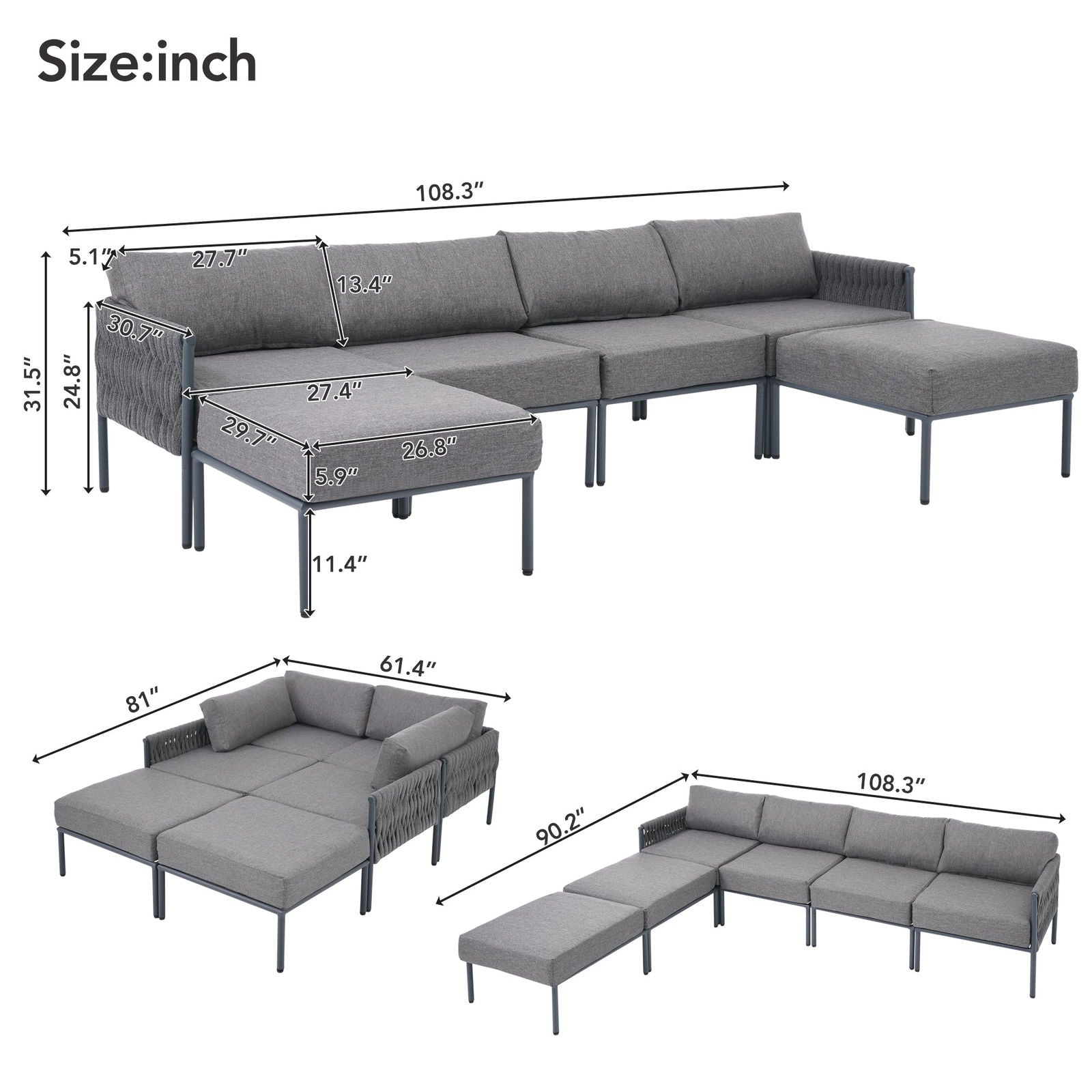 GO 6-Pieces Aluminum Patio Furniture Set, Modern Metal Outdoor Conversation Set Sectional Sofa With Removable Olefin Extra Thick Cushions 5.9" Cushion, Grey himalipasal