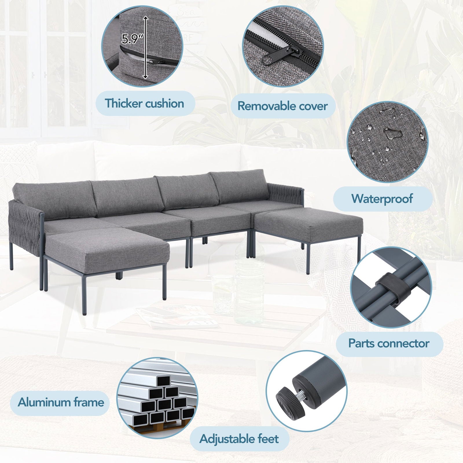 GO 6-Pieces Aluminum Patio Furniture Set, Modern Metal Outdoor Conversation Set Sectional Sofa With Removable Olefin Extra Thick Cushions 5.9" Cushion, Grey himalipasal