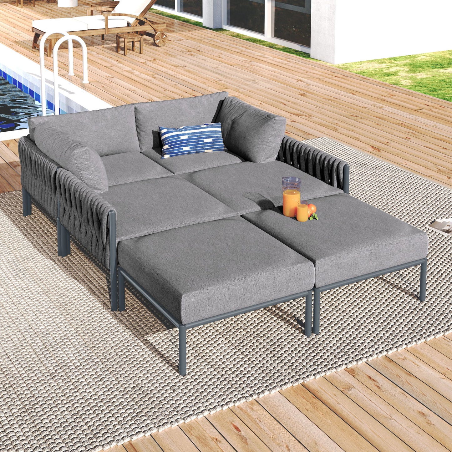 GO 6-Pieces Aluminum Patio Furniture Set, Modern Metal Outdoor Conversation Set Sectional Sofa With Removable Olefin Extra Thick Cushions 5.9" Cushion, Grey himalipasal