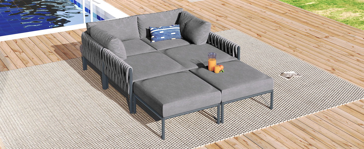 GO 6-Pieces Aluminum Patio Furniture Set, Modern Metal Outdoor Conversation Set Sectional Sofa With Removable Olefin Extra Thick Cushions 5.9" Cushion, Grey himalipasal