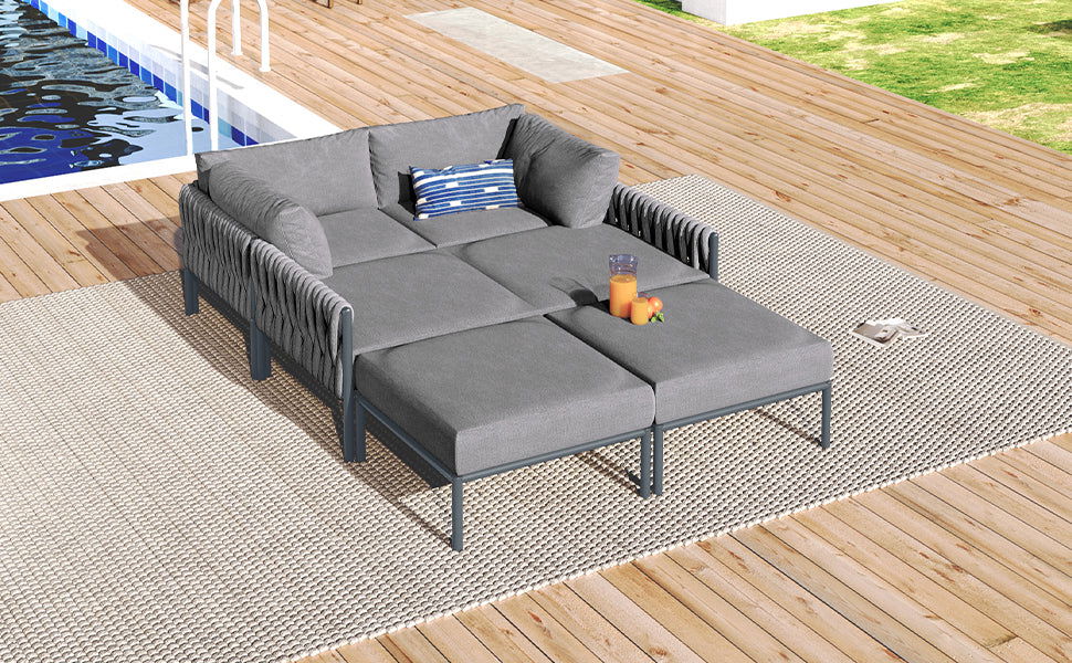 GO 6-Pieces Aluminum Patio Furniture Set, Modern Metal Outdoor Conversation Set Sectional Sofa With Removable Olefin Extra Thick Cushions 5.9" Cushion, Grey himalipasal