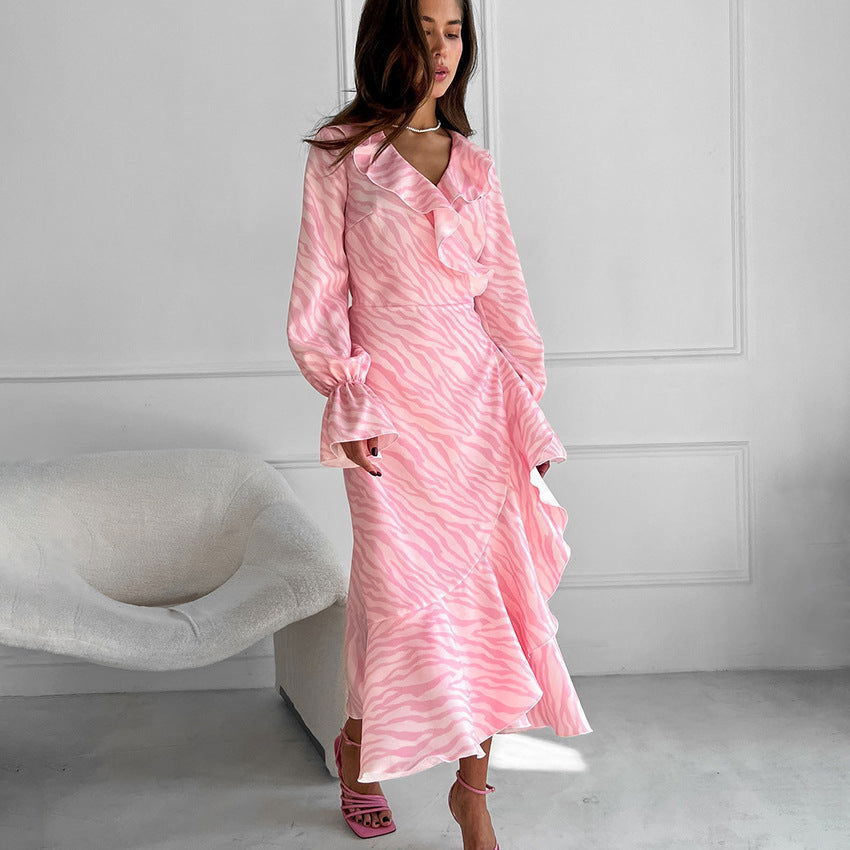 Gentle Pink Elegant Ruffled V Neck Flared Sleeves Fishtail Dress Autumn Lace Up Maxi Dress himalipasal