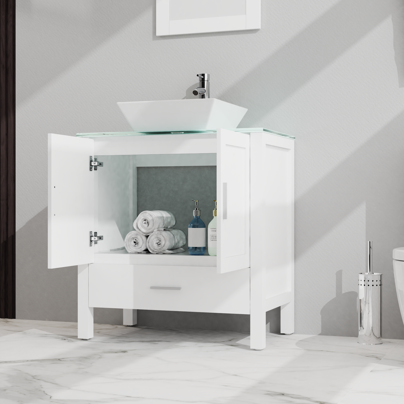 Goodyo 30" Bathroom Vanity and Sink Combo Glass Top Cabinet w/Mirror, White himalipasal