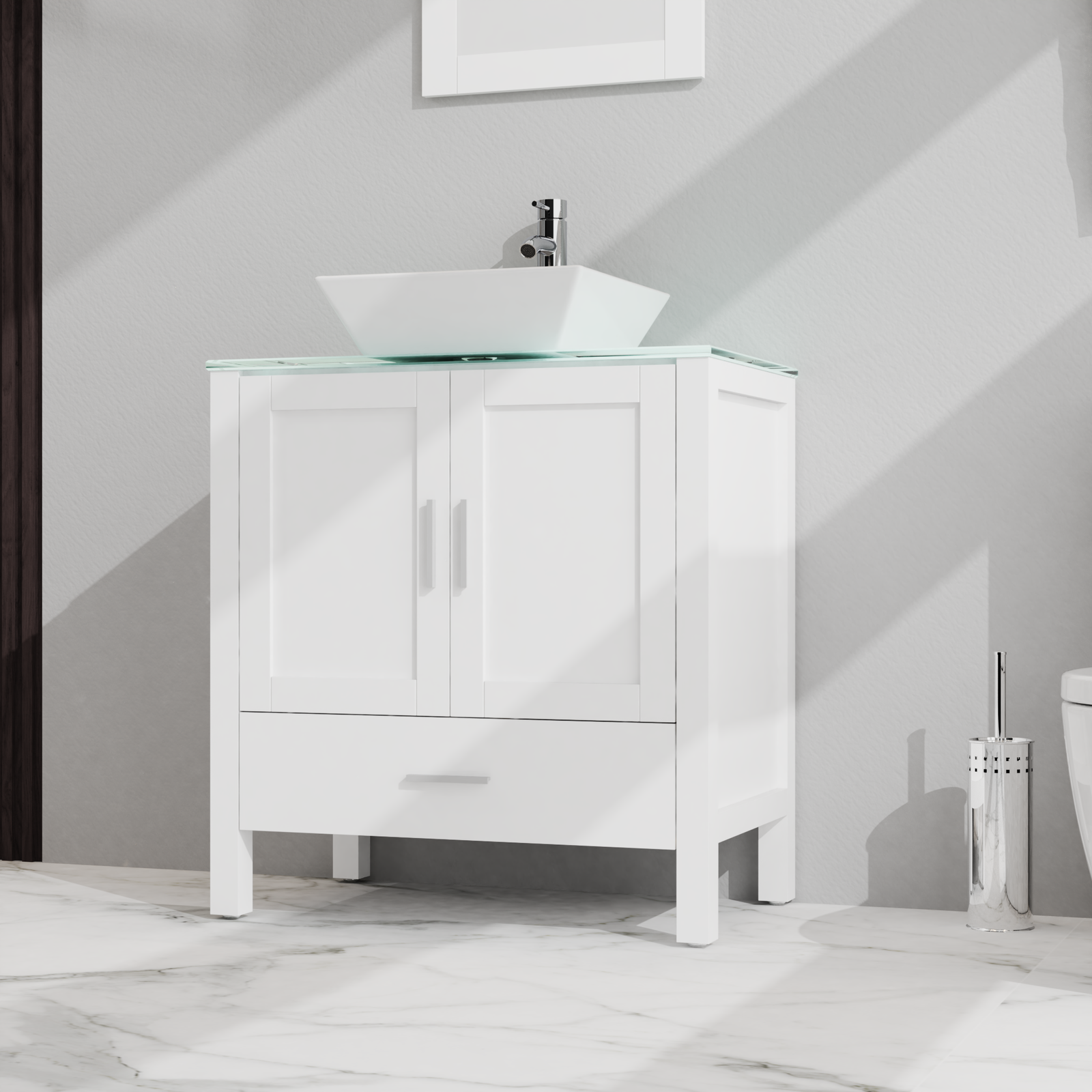 Goodyo 30" Bathroom Vanity and Sink Combo Glass Top Cabinet w/Mirror, White himalipasal