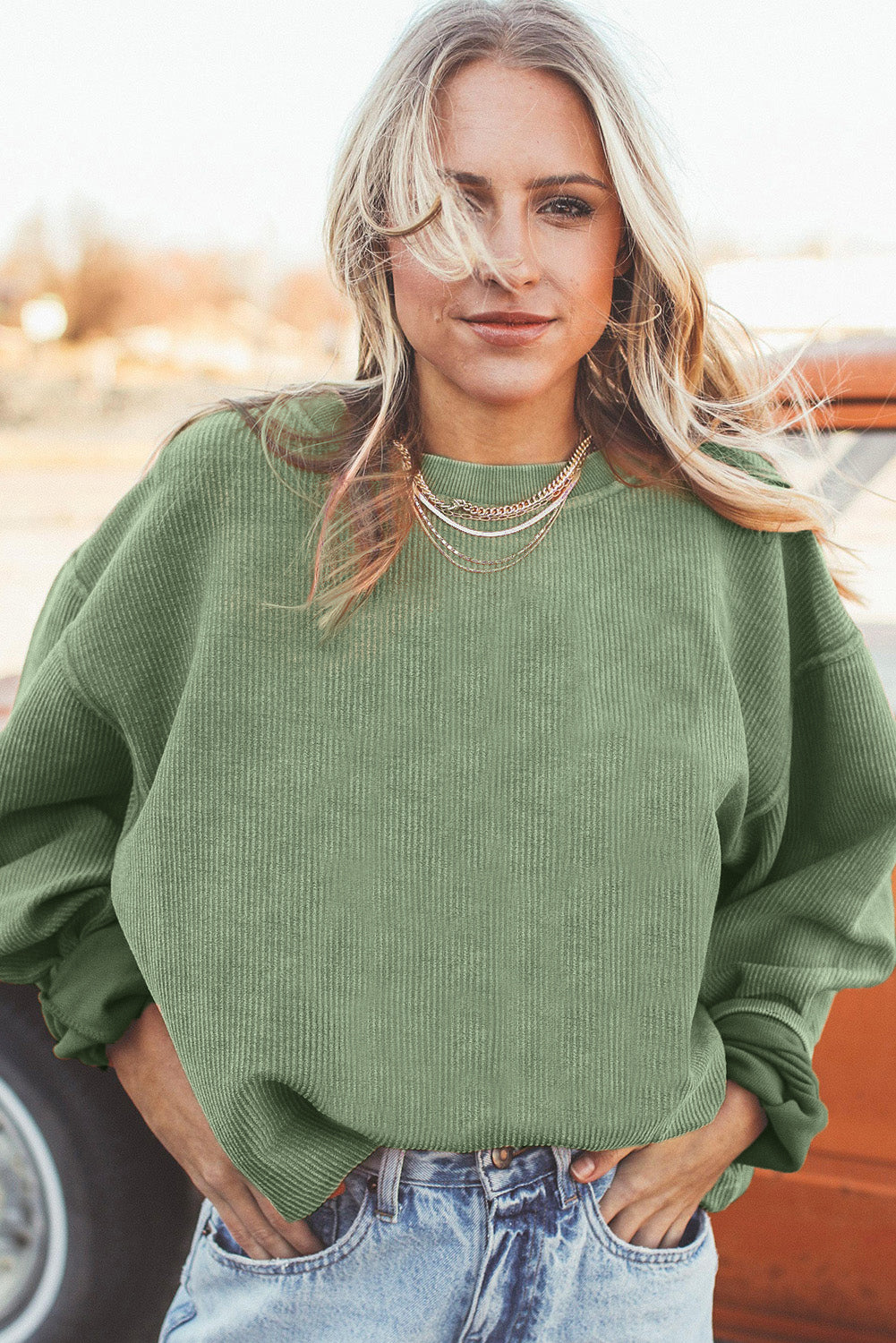 Grass Green Crinkle Rib Drop Shoulder Oversized Sweatshirt himalipasal