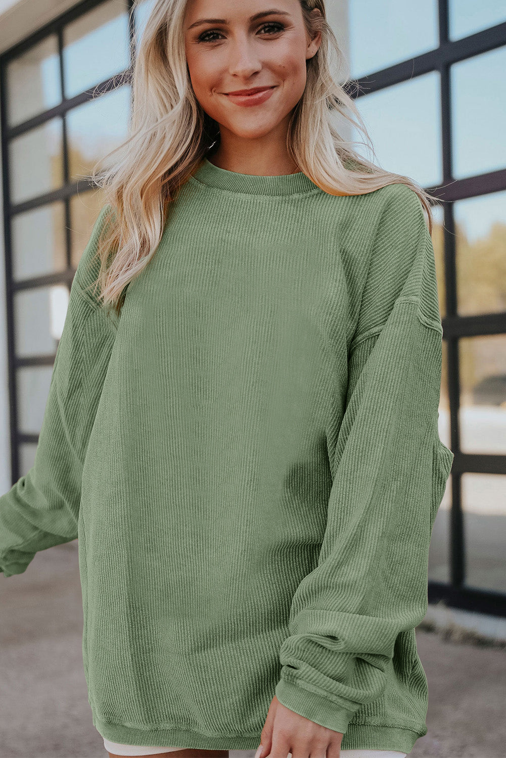 Grass Green Crinkle Rib Drop Shoulder Oversized Sweatshirt himalipasal