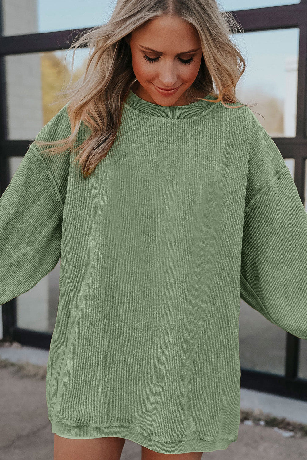 Grass Green Crinkle Rib Drop Shoulder Oversized Sweatshirt himalipasal