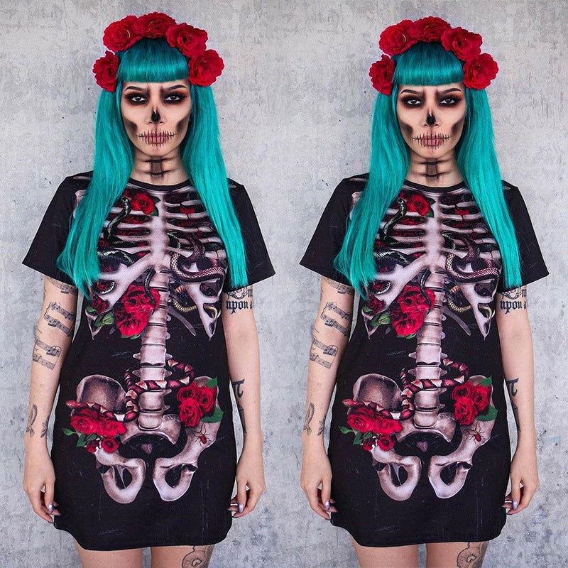 Halloween Costume Skull Spiritual Love Cospaly Performance Wear Printed Dress for Women himalipasal