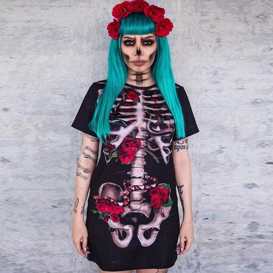 Halloween Costume Skull Spiritual Love Cospaly Performance Wear Printed Dress for Women himalipasal