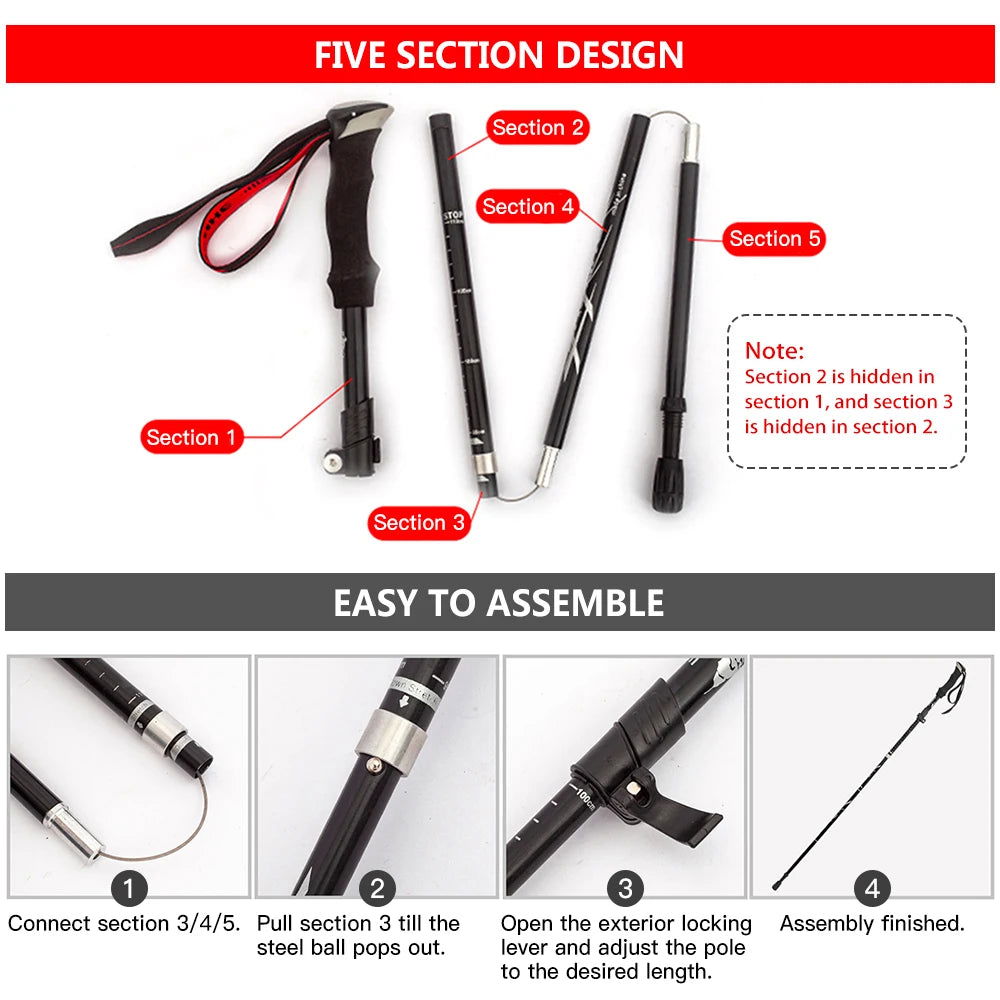 Hiking Lightweight Collapsible Trekking Pole Five-fold Walking Stick Outdoor Camping Backpacking Sticks Mountaineering Cane himalipasal