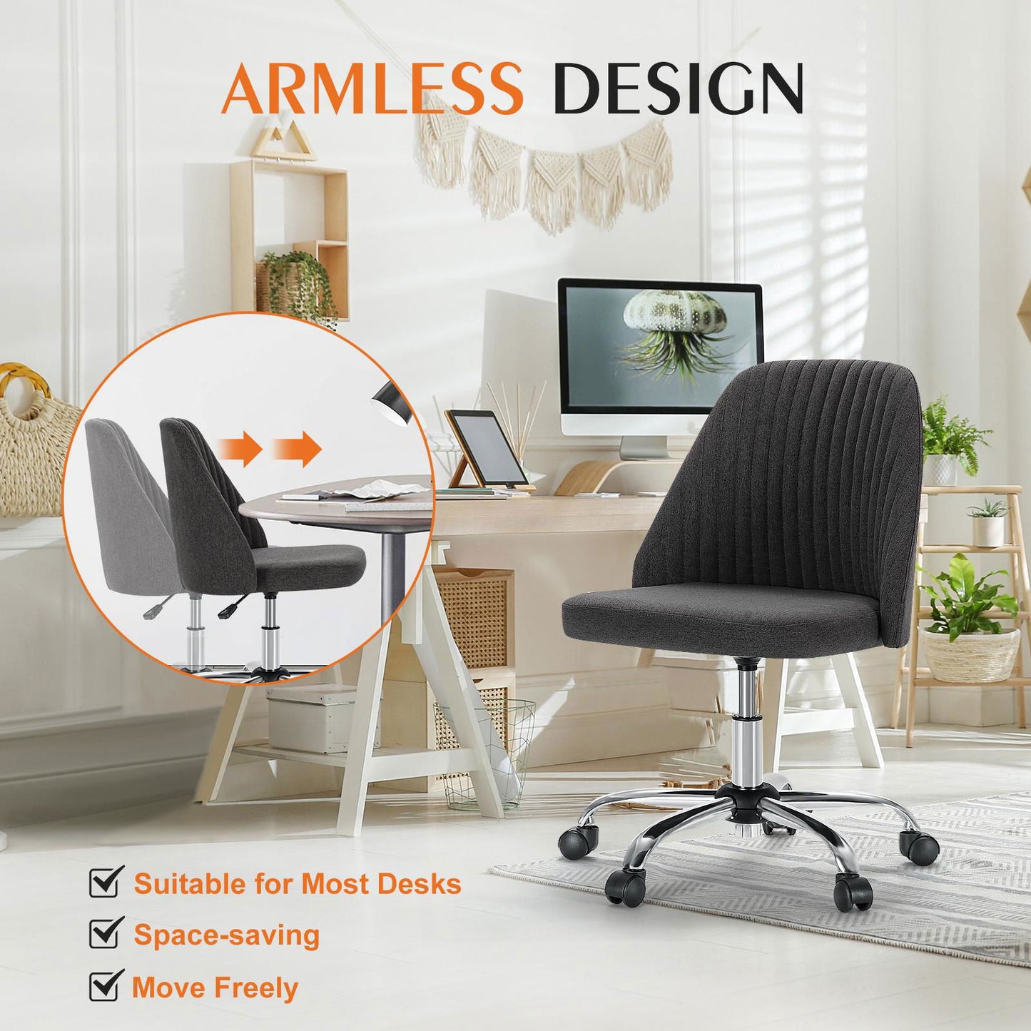 Home Office Desk Chair - Adjustable Rolling Chair, Armless Cute Modern Task Chair for himalipasal