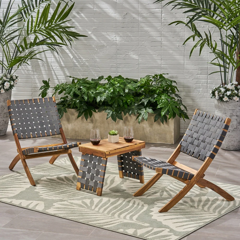 Huntsville Outdoor Foldable 2 Seater Acacia Wood Chat Set with Strapping Belt Accents, Brown and Gray himalipasal