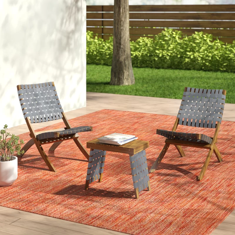 Huntsville Outdoor Foldable 2 Seater Acacia Wood Chat Set with Strapping Belt Accents, Brown and Gray himalipasal