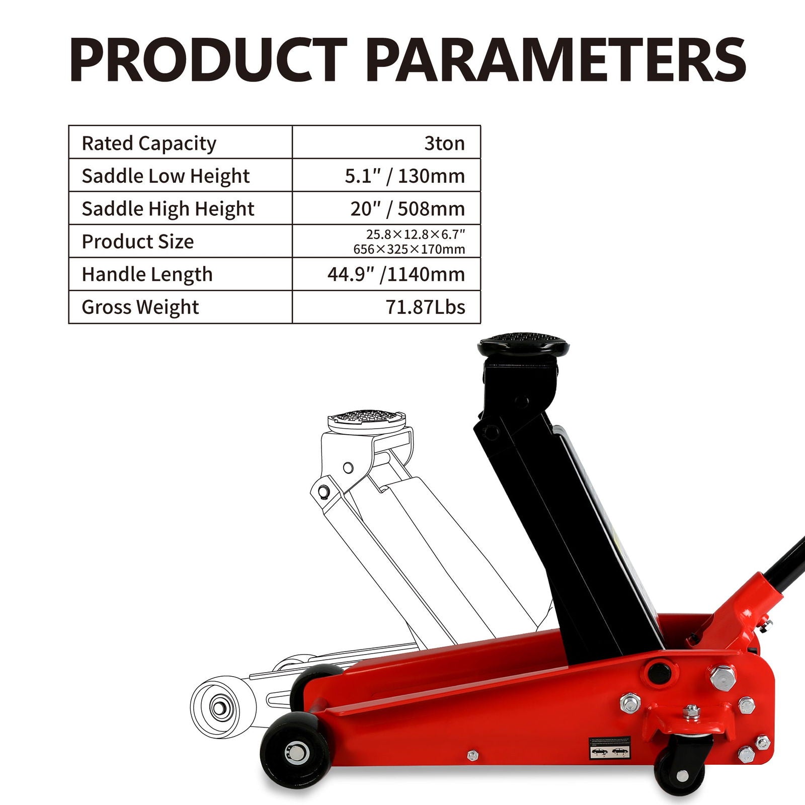 Hydraulic trolley Low Profile and Steel Racing Floor Jack with Piston Quick Lift Pump,3Ton (6,000 lb) Capacity, Lifting range 5.1"-20" himalipasal