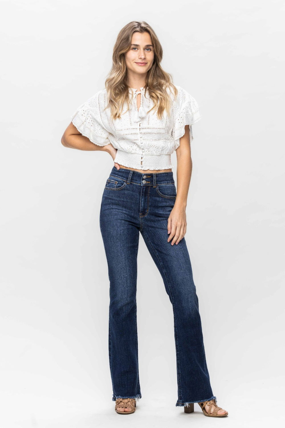 Judy Blue Full Size Frayed Hem Bootcut Jeans himalipasal