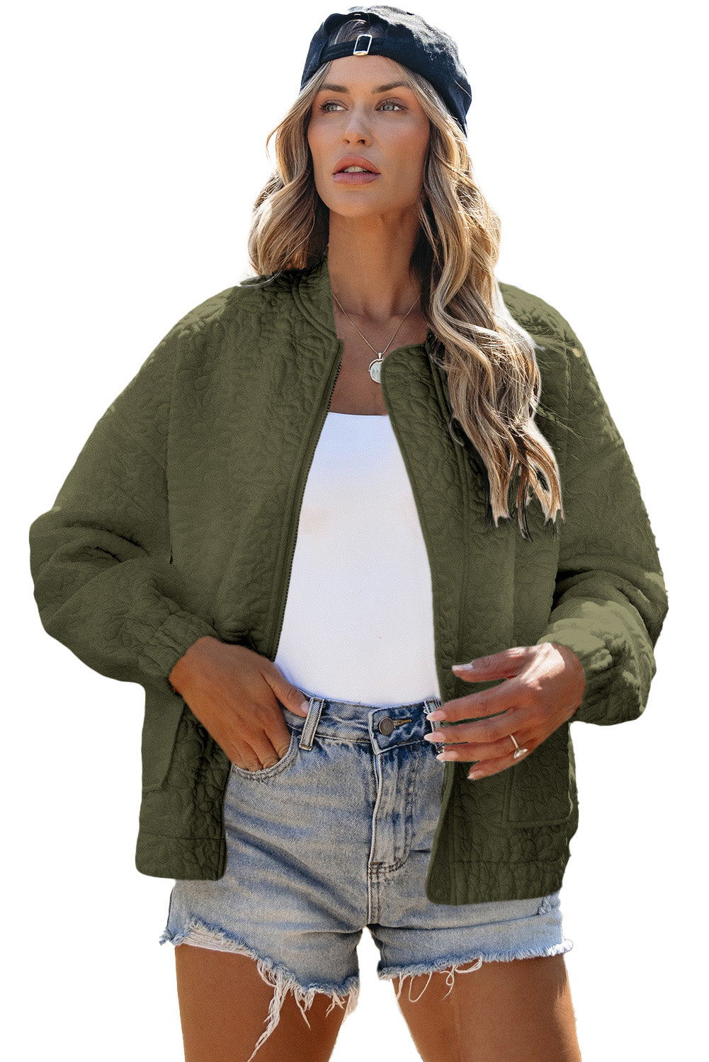 Jungle Green Plain Floral Embossed Zip Up Jacket himalipasal