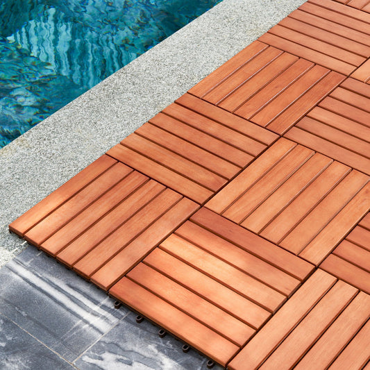 Kaia 6-Slat Reddish Brown Wood Interlocking Deck Tile (Set of 10 Tiles) himalipasal