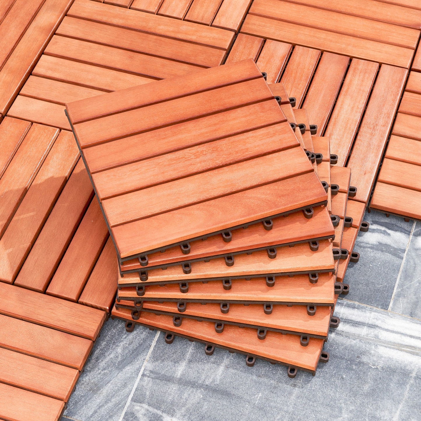 Kaia 6-Slat Reddish Brown Wood Interlocking Deck Tile (Set of 10 Tiles) himalipasal