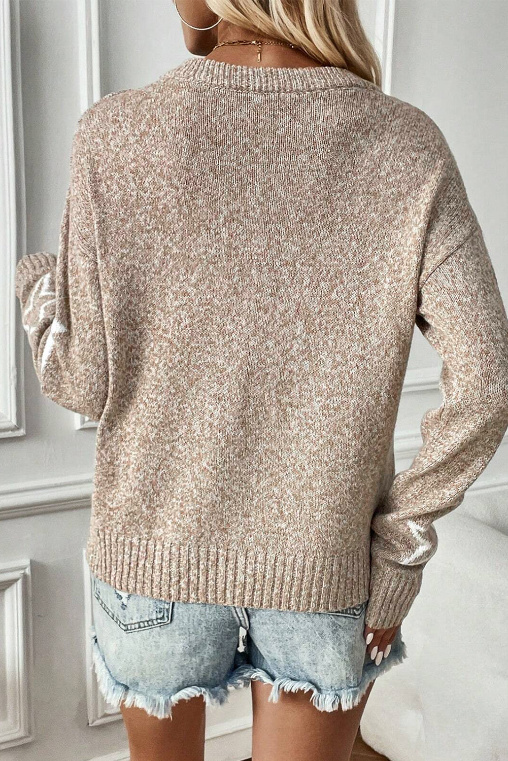 Khaki Star Pattern Drop Shoulder Knit Sweater himalipasal