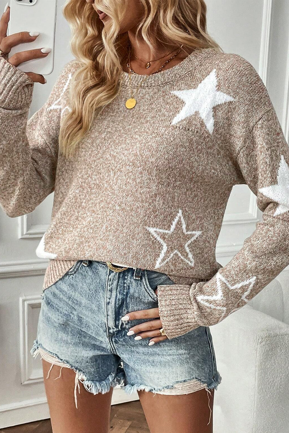 Khaki Star Pattern Drop Shoulder Knit Sweater himalipasal