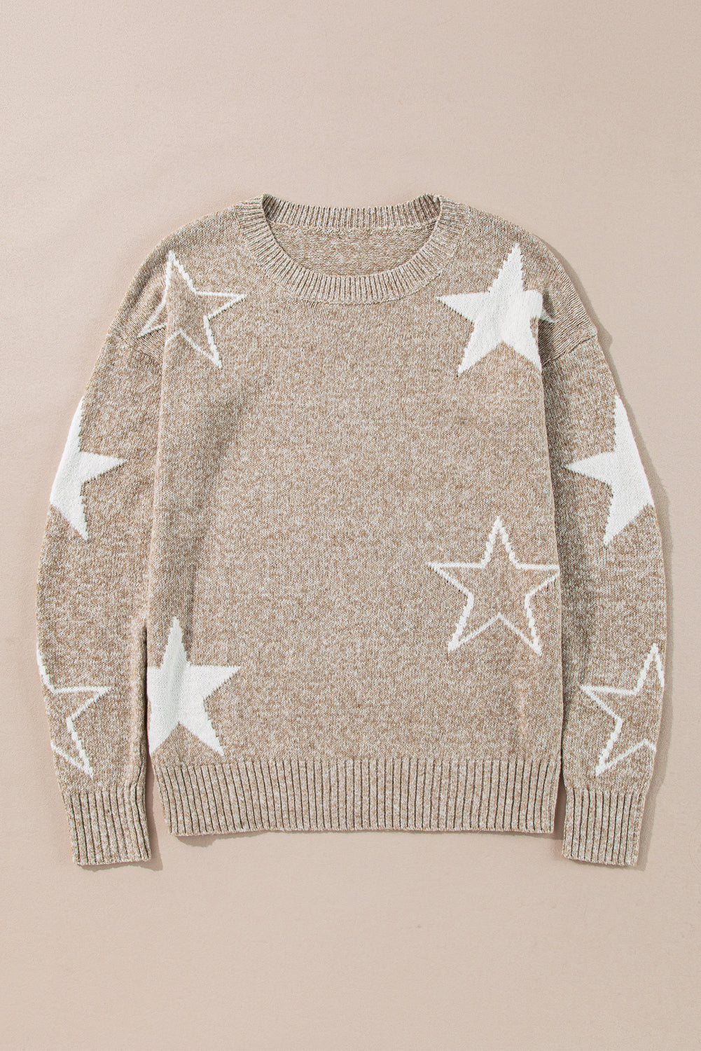 Khaki Star Pattern Drop Shoulder Knit Sweater himalipasal