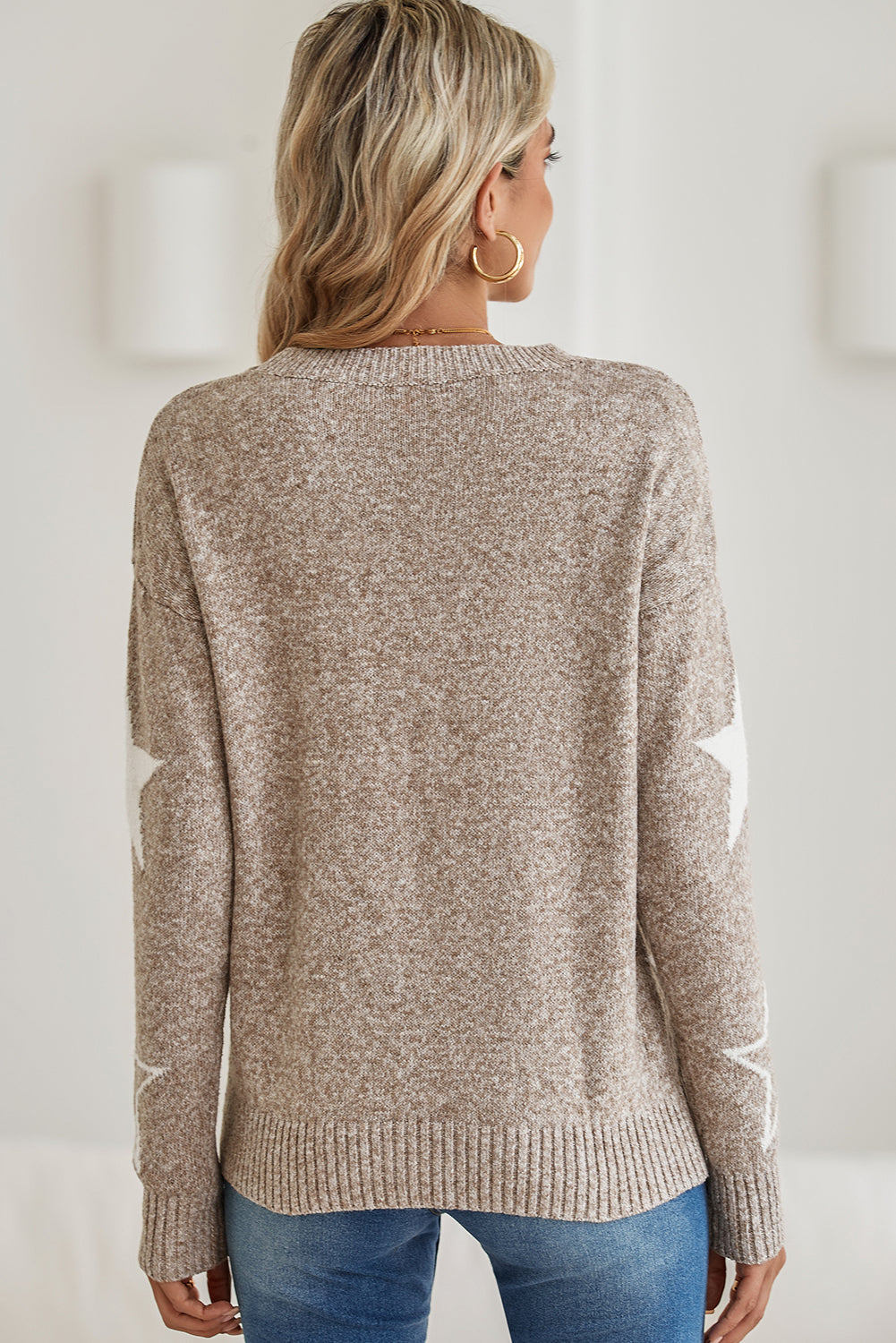 Khaki Star Pattern Drop Shoulder Knit Sweater himalipasal