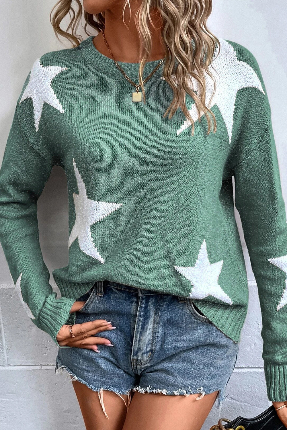 Khaki Star Pattern Drop Shoulder Knit Sweater himalipasal