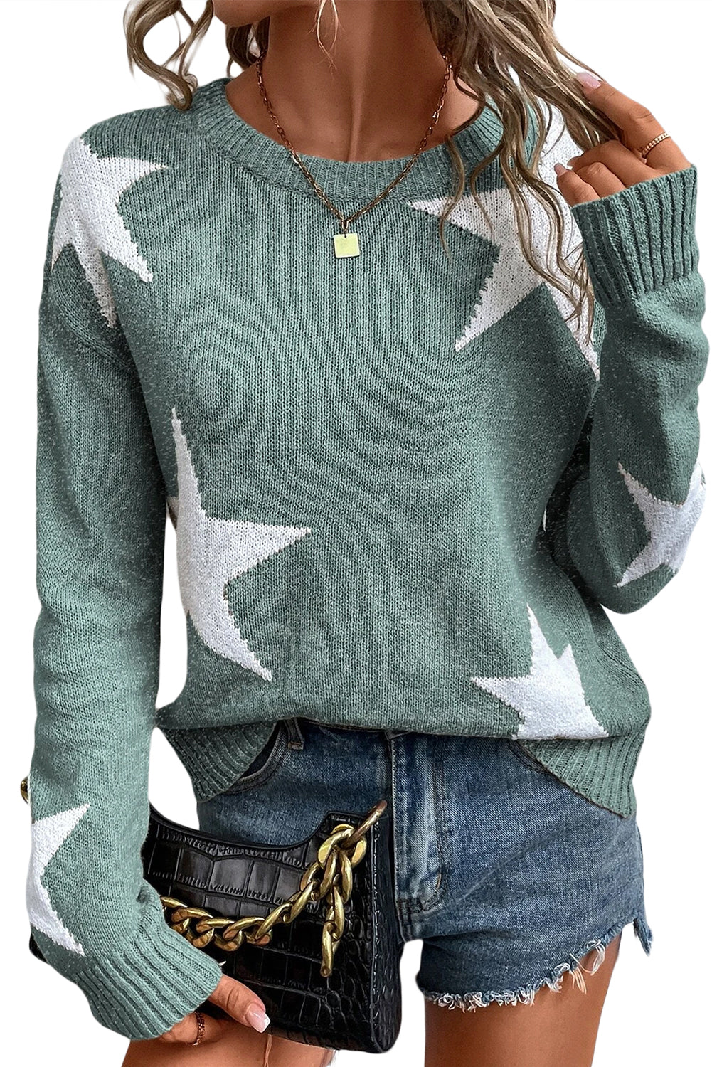 Khaki Star Pattern Drop Shoulder Knit Sweater himalipasal