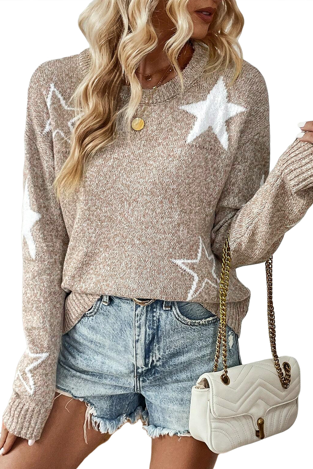 Khaki Star Pattern Drop Shoulder Knit Sweater himalipasal