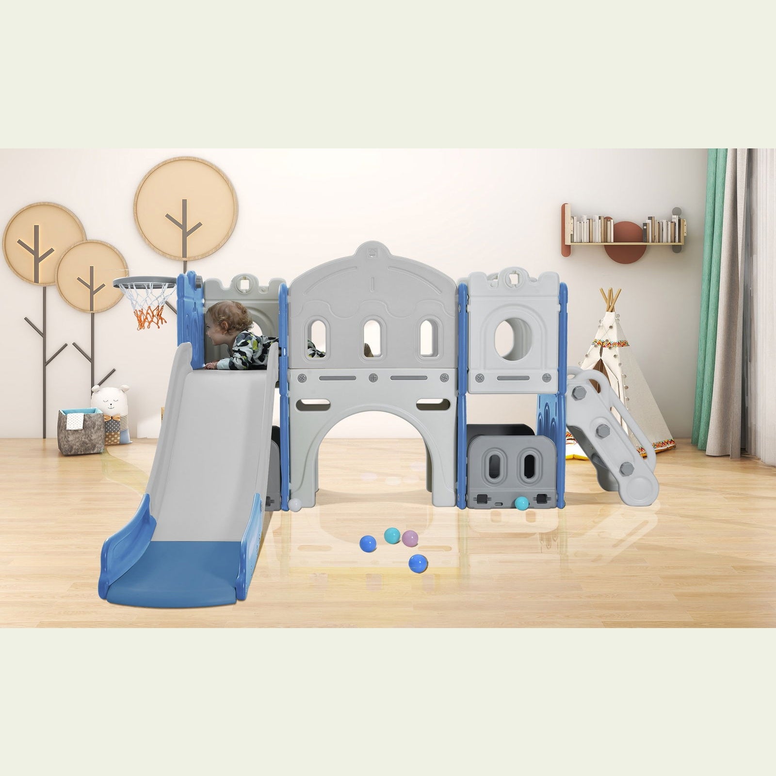 Kids Slide Playset Structure, Freestanding Castle Climber with Slide and Basketball Hoop, Toy Storage Organizer for Toddlers, Kids Climbers Playhouse for Indoor Outdoor Playground Activity. himalipasal