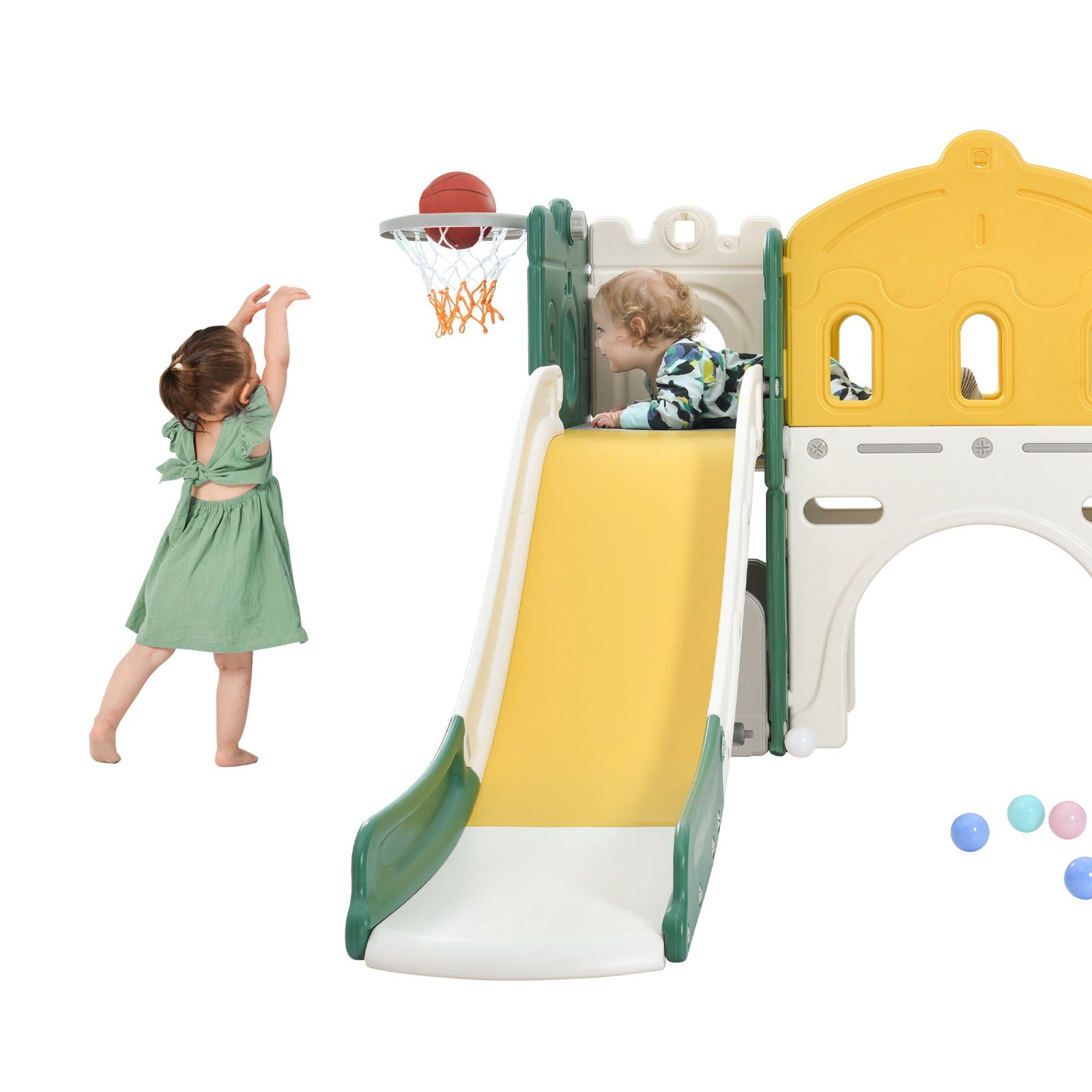 Kids Slide Playset Structure, Freestanding Castle Climber with Slide and Basketball Hoop, Toy Storage Organizer for Toddlers, Kids Climbers Playhouse for Indoor Outdoor Playground Activity himalipasal