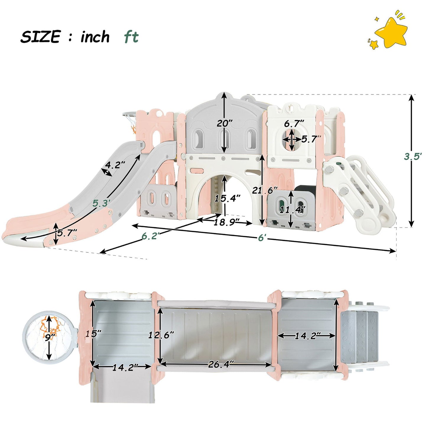 Kids Slide Playset Structure, Freestanding Castle Climber with Slide and Basketball Hoop, Toy Storage Organizer for Toddlers, Kids Climbers Playhouse for Indoor Outdoor Playground Activity himalipasal