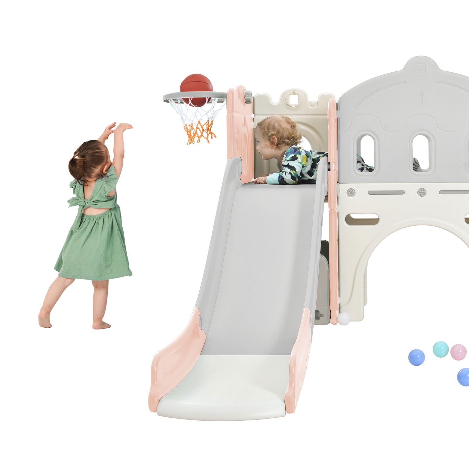 Kids Slide Playset Structure, Freestanding Castle Climber with Slide and Basketball Hoop, Toy Storage Organizer for Toddlers, Kids Climbers Playhouse for Indoor Outdoor Playground Activity himalipasal