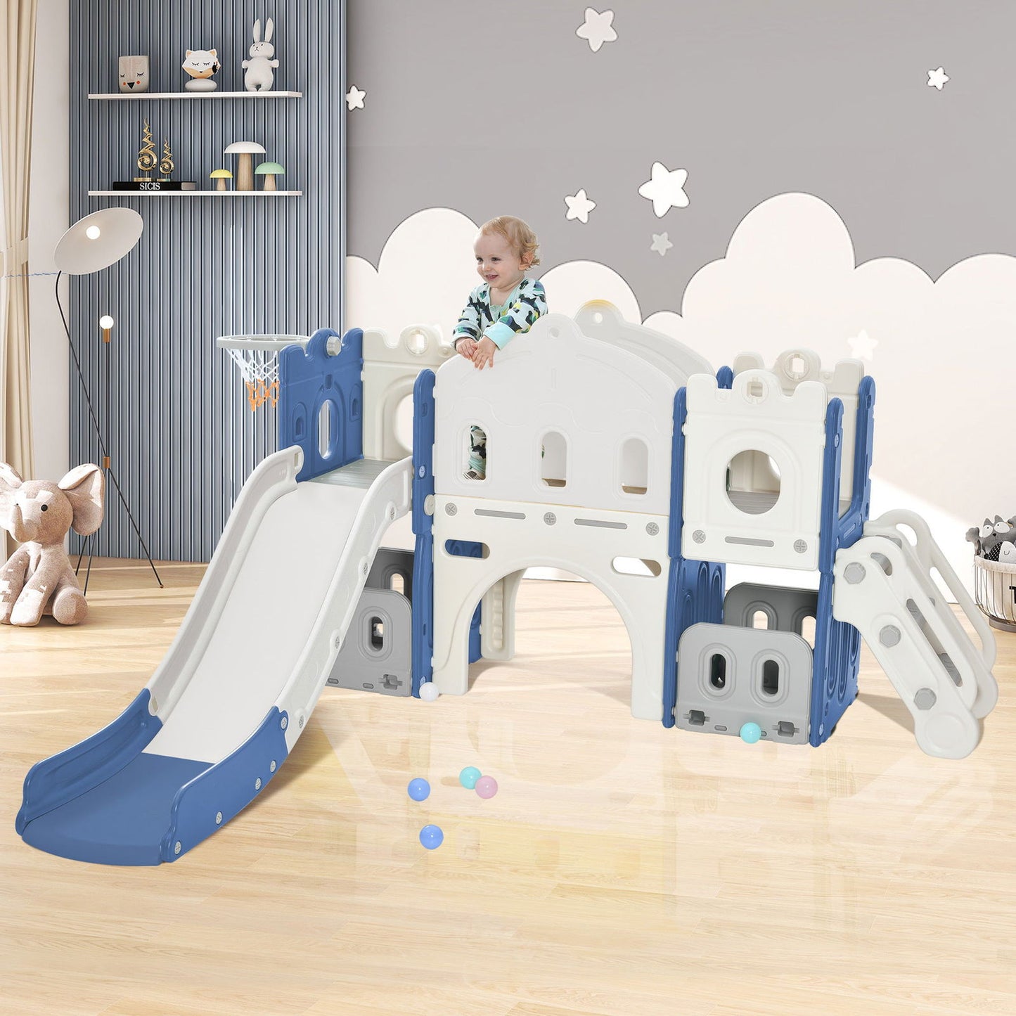 Kids Slide Playset Structure, Freestanding Castle Climber with Slide and Basketball Hoop, Toy Storage Organizer for Toddlers, Kids Climbers Playhouse for Indoor Outdoor Playground Activity. himalipasal