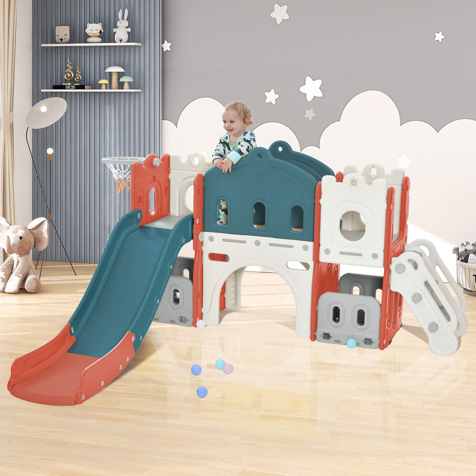 Kids Slide Playset Structure, Freestanding Castle Climber with Slide and Basketball Hoop, Toy Storage Organizer for Toddlers, Kids Climbers Playhouse for Indoor Outdoor Playground Activity himalipasal