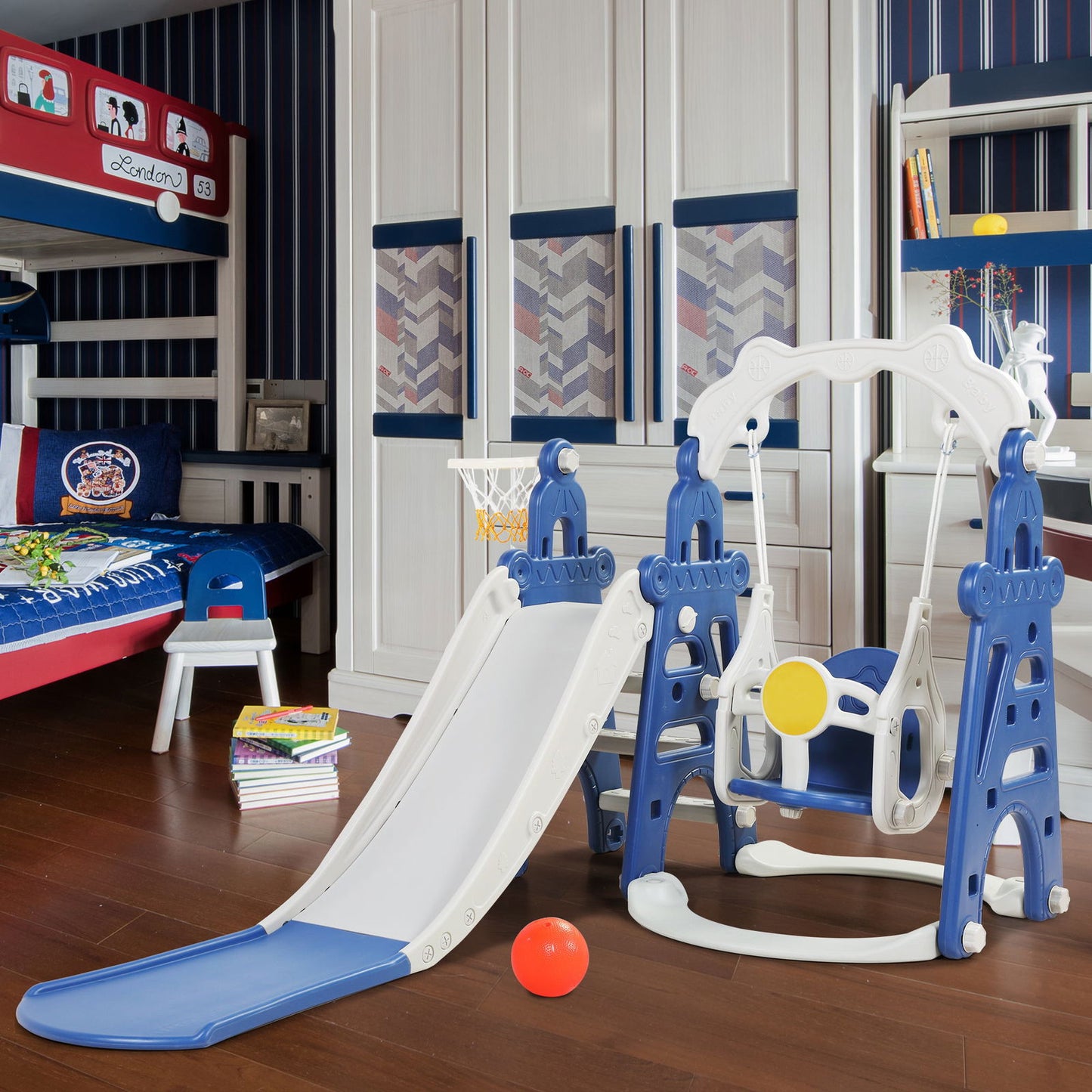 Kids Swing and Slide Set 3-in-1 Slide with Basketball Hoop for Indoor and Outdoor Activity Center,Blue+Gray himalipasal