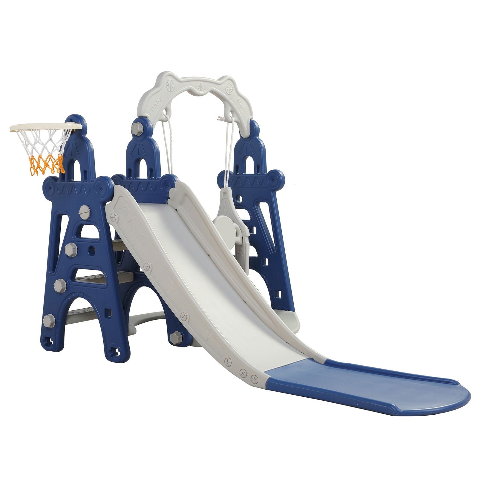 Kids Swing and Slide Set 3-in-1 Slide with Basketball Hoop for Indoor and Outdoor Activity Center,Blue+Gray himalipasal