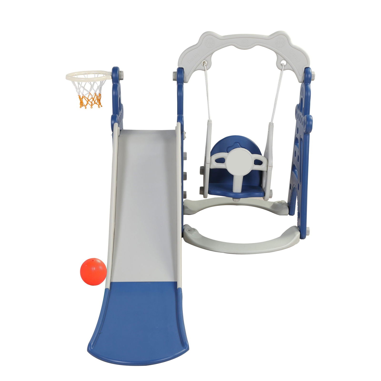 Kids Swing and Slide Set 3-in-1 Slide with Basketball Hoop for Indoor and Outdoor Activity Center,Blue+Gray himalipasal