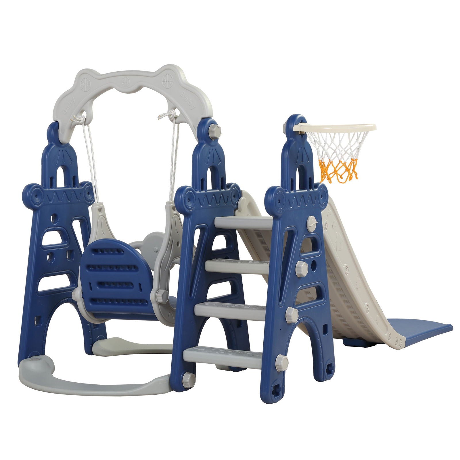 Kids Swing and Slide Set 3-in-1 Slide with Basketball Hoop for Indoor and Outdoor Activity Center,Blue+Gray himalipasal