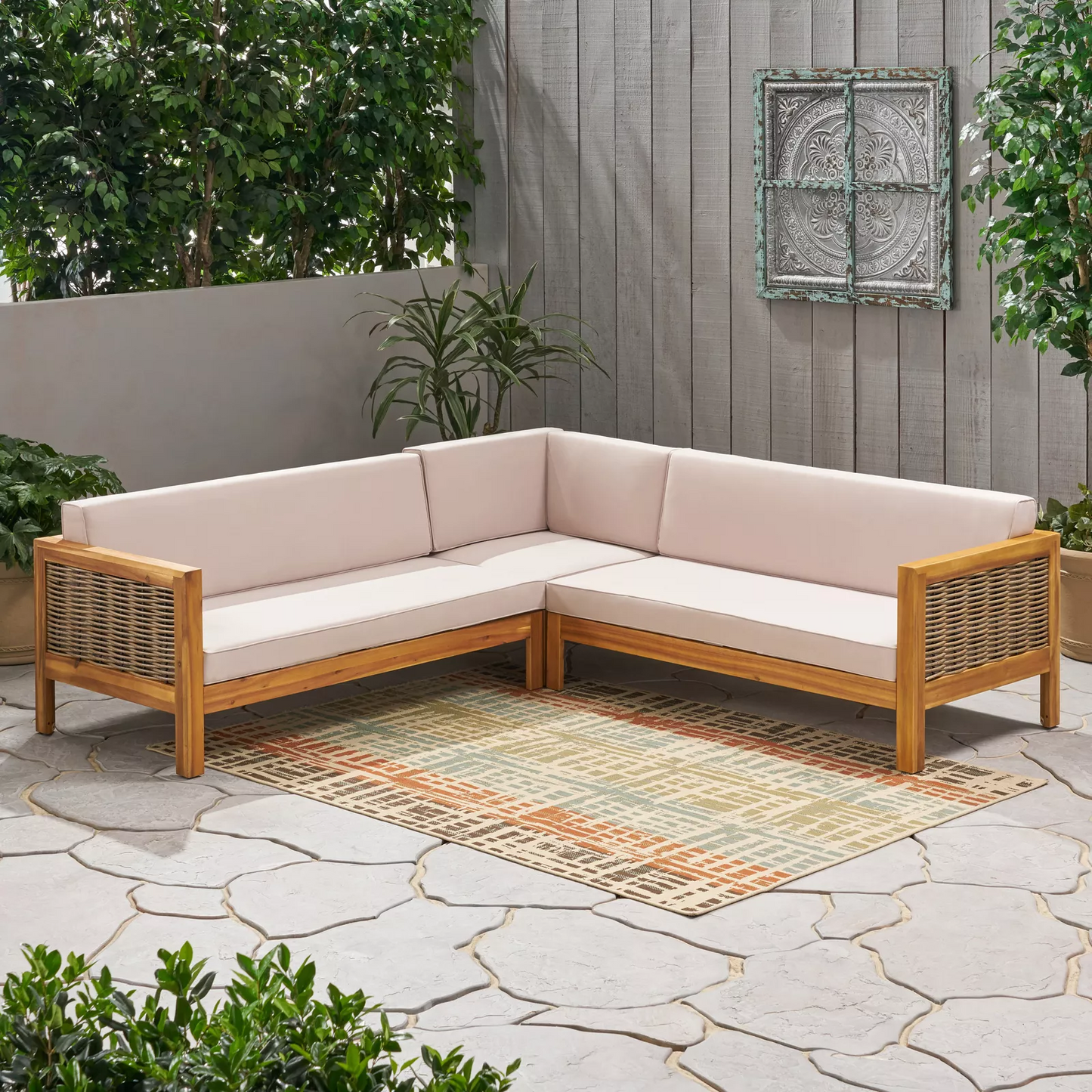 LINWOOD 3-PIECE WOOD AND PE RATTAN COVERSATION SECTIONAL SEATING SET, BEIGE himalipasal