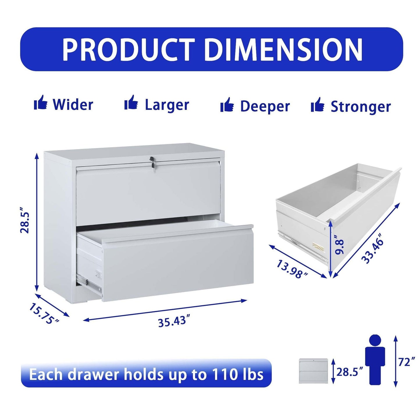 Lateral File Cabinet 2 Drawer, White Filing Cabinet with Lock, Lockable File Cabinet for Home Office, Locking Metal File Cabinet for Legal/Letter/A4/F4 Size himalipasal