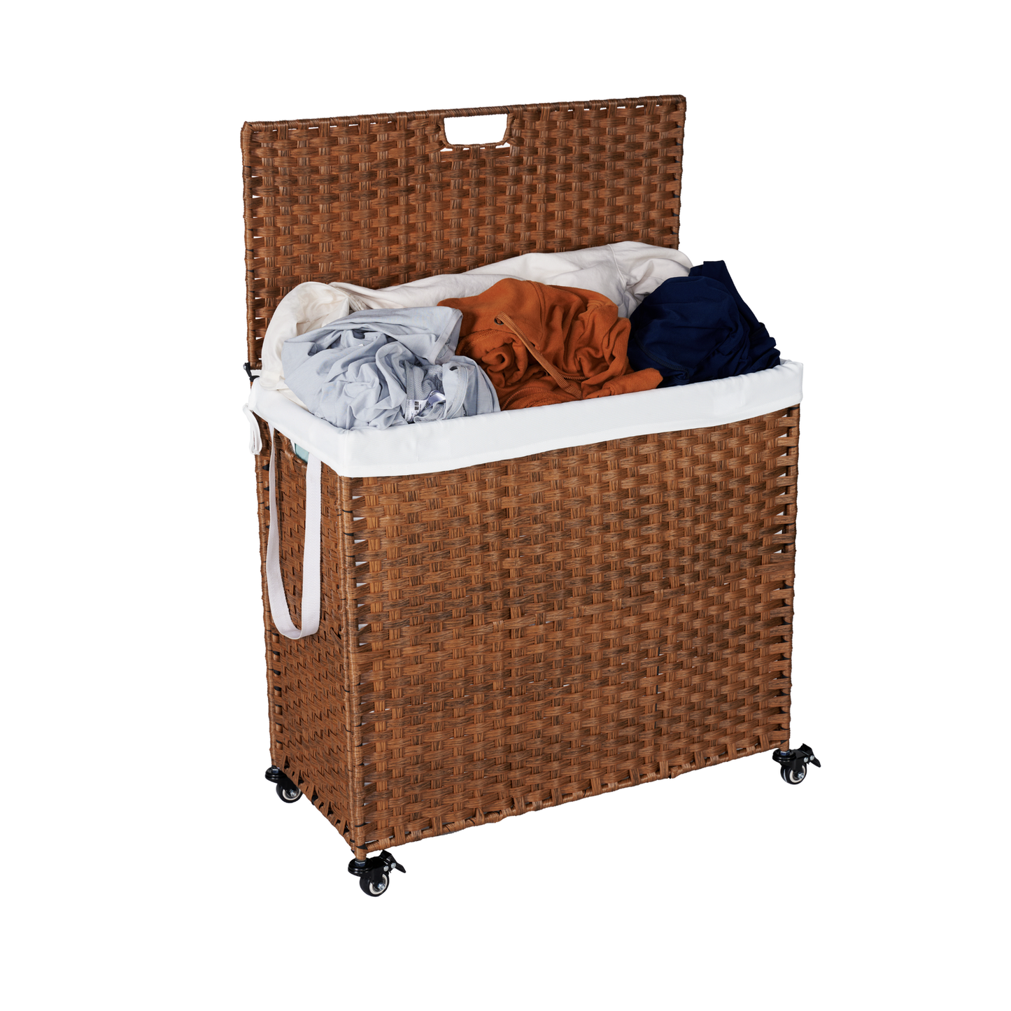 Laundry Hamper With Lid PE Rattan Powder Coating Frame Clothes Hampers with 02 Removable Bags, Wheels, 160L, Brown Color himalipasal