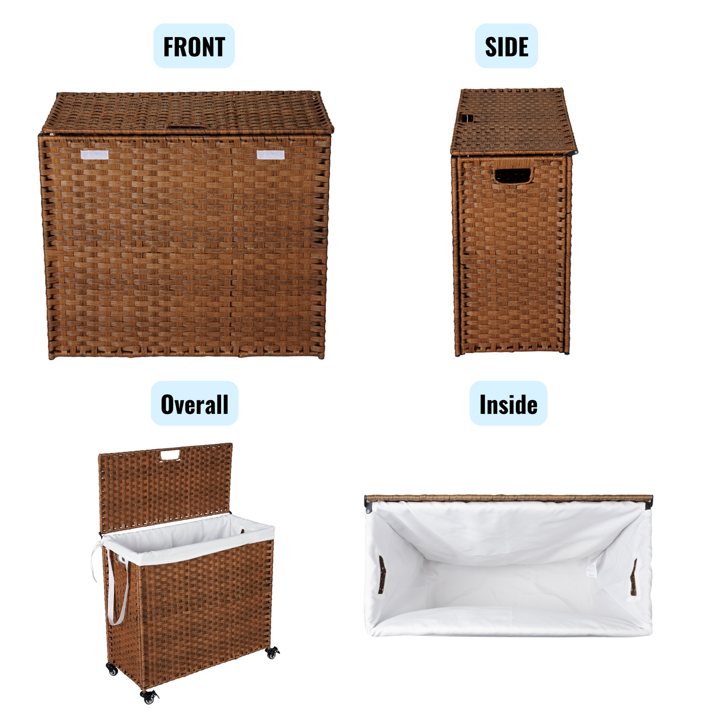 Laundry Hamper With Lid PE Rattan Powder Coating Frame Clothes Hampers with 02 Removable Bags, Wheels, 160L, Brown Color himalipasal