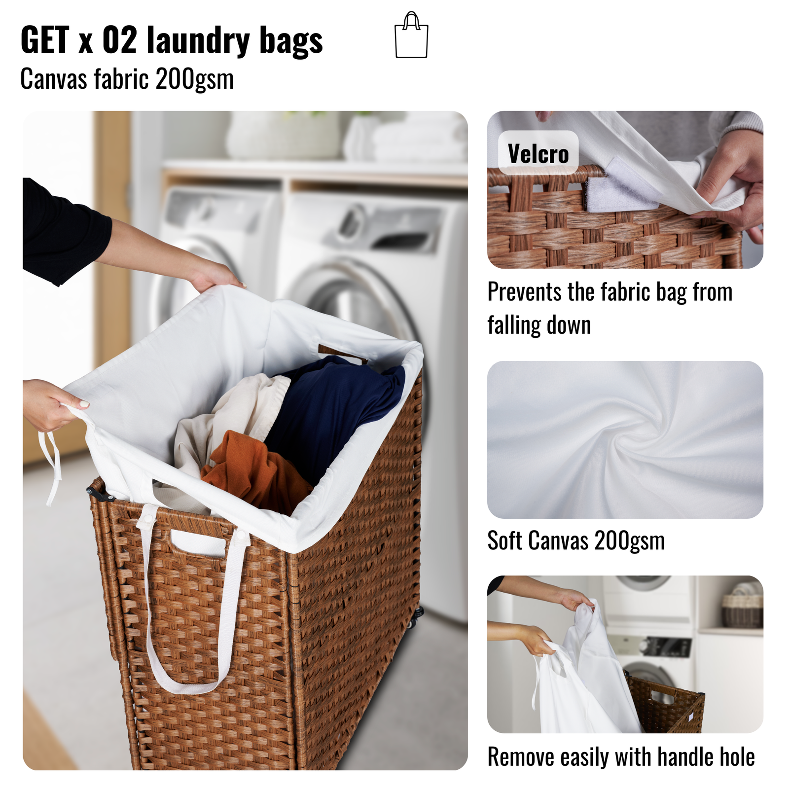 Laundry Hamper With Lid PE Rattan Powder Coating Frame Clothes Hampers with 02 Removable Bags, Wheels, 160L, Brown Color himalipasal