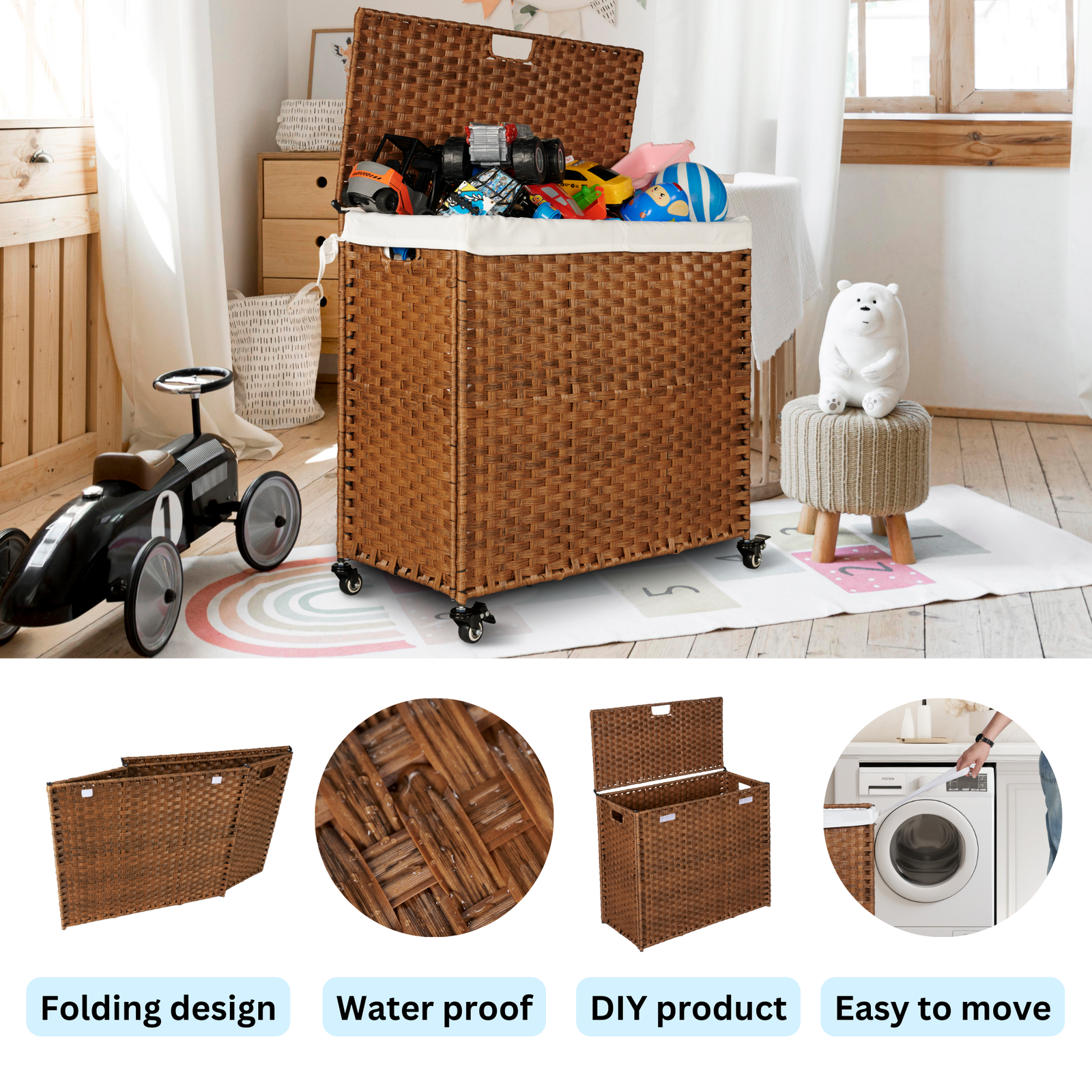 Laundry Hamper With Lid PE Rattan Powder Coating Frame Clothes Hampers with 02 Removable Bags, Wheels, 160L, Brown Color himalipasal