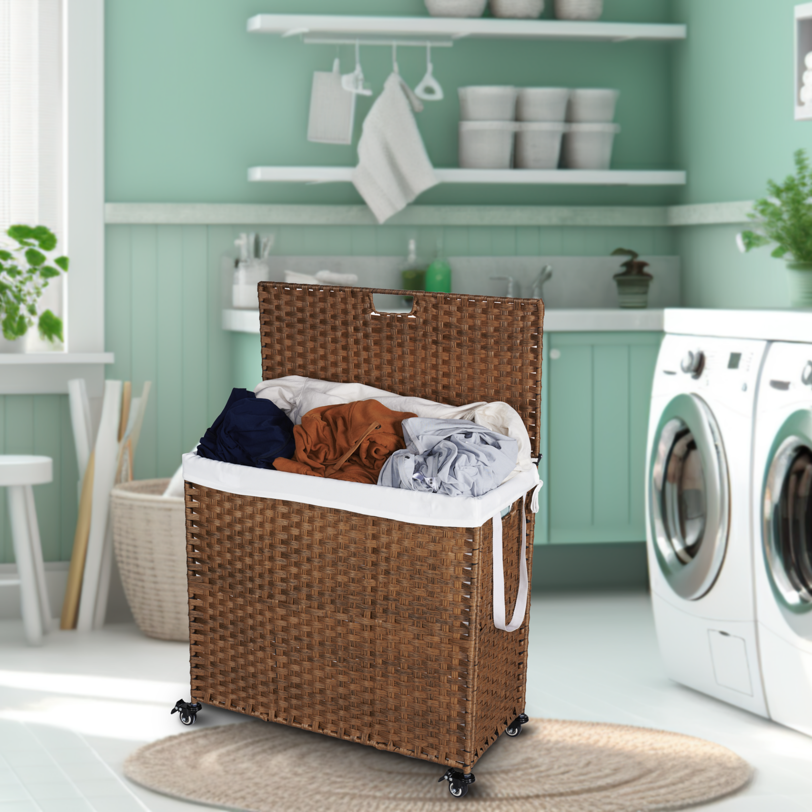 Laundry Hamper With Lid PE Rattan Powder Coating Frame Clothes Hampers with 02 Removable Bags, Wheels, 160L, Brown Color himalipasal