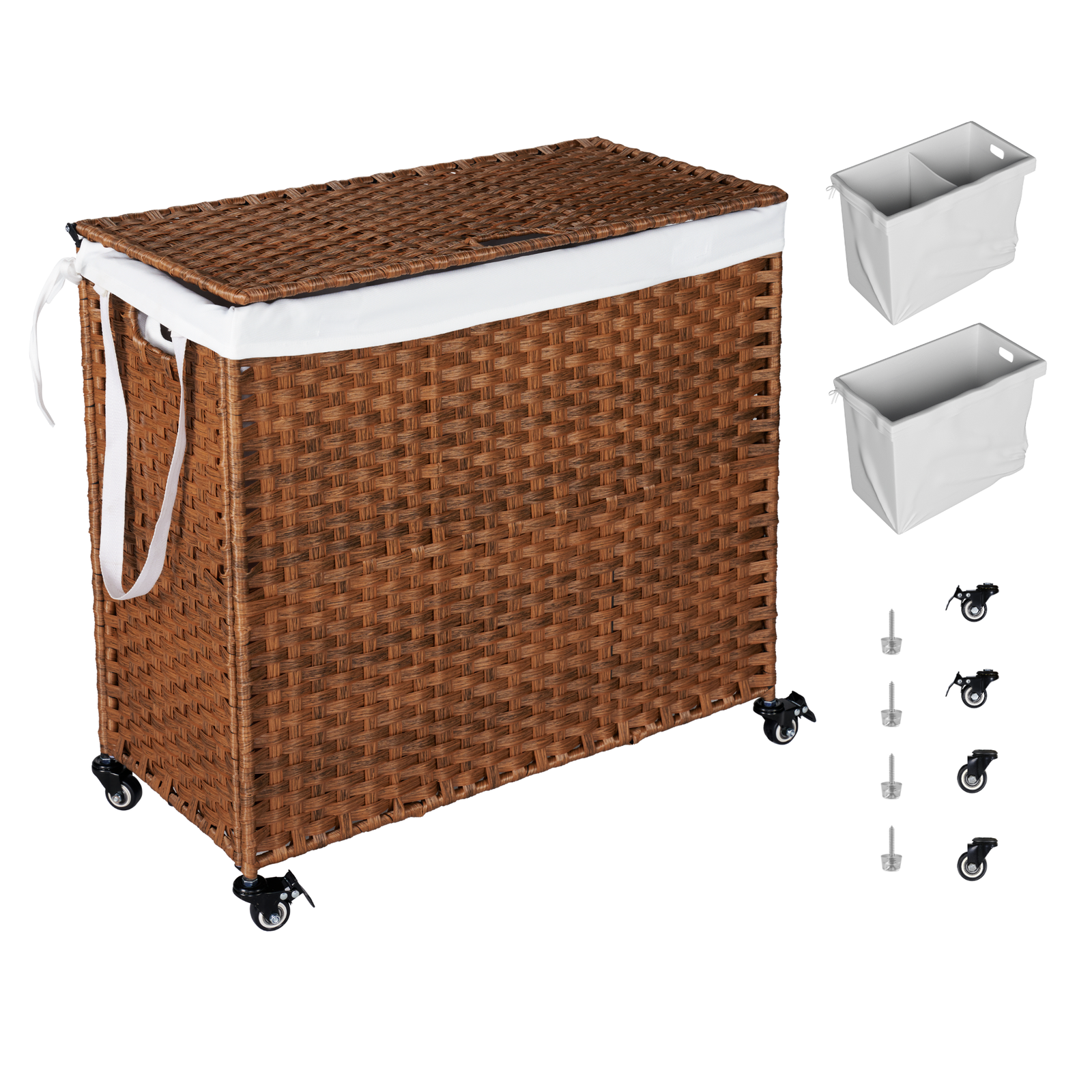 Laundry Hamper With Lid PE Rattan Powder Coating Frame Clothes Hampers with 02 Removable Bags, Wheels, 160L, Brown Color himalipasal