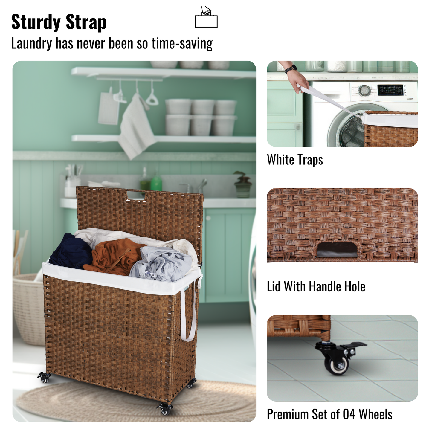 Laundry Hamper With Lid PE Rattan Powder Coating Frame Clothes Hampers with 02 Removable Bags, Wheels, 160L, Brown Color himalipasal