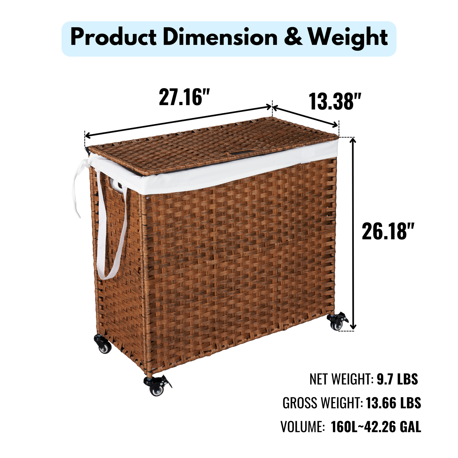 Laundry Hamper With Lid PE Rattan Powder Coating Frame Clothes Hampers with 02 Removable Bags, Wheels, 160L, Brown Color himalipasal